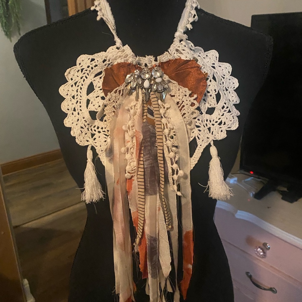 Victorian Style Jabot Vintage Silk Lace Tassel Scarf Necklace Hand Sewn Jewelry